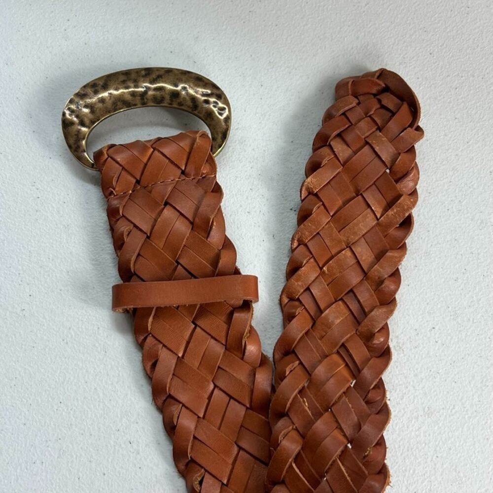 Coldwater Creek Braided Belt Women's L Brown Leather With Hammered Brass Buckle